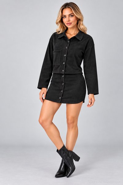 moda wanilia Women's Long Sleeve Shirt Collar Front Button Pocket Detail Sued...