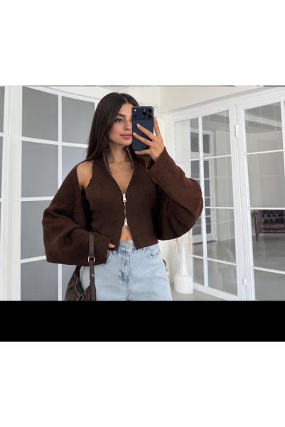 EMİX TREND GİYİM Off-The-Shoulder Double Zipper Balloon Sleeve Knitwear Crop Cardigan.