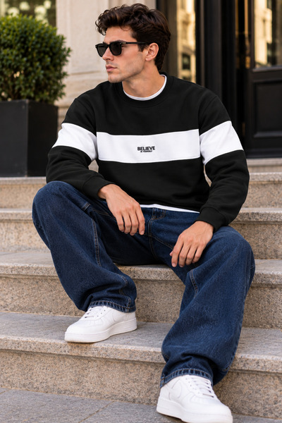 Tarz Cool Erkek Şerit Detaylı Believe Baskılı 3 İplik Şardonlu Bisiklet Yaka Sweatshirt