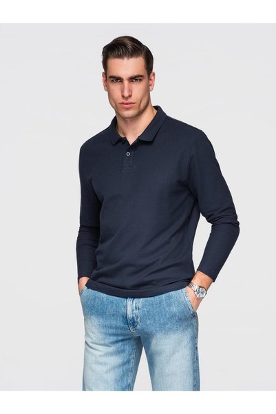 OMBRE Polo bărbătesc cu mânecă lungă, croială normală, guler polo cu nasturi, bumbac pique, bleumarin OM-POBL-0162