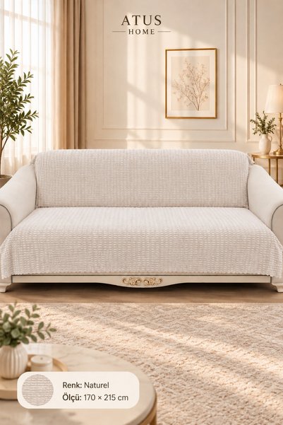 ATUSHOME 170x215 Kaymaz Tabanlı Premium Peluş Koltuk Örtüsü Şerit Desen Yumuş...