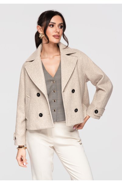 OMBRE Damen Kurzer Peacoat, Relaxed Fit, Zweireihig, Breite Revers, Taupe OW-...