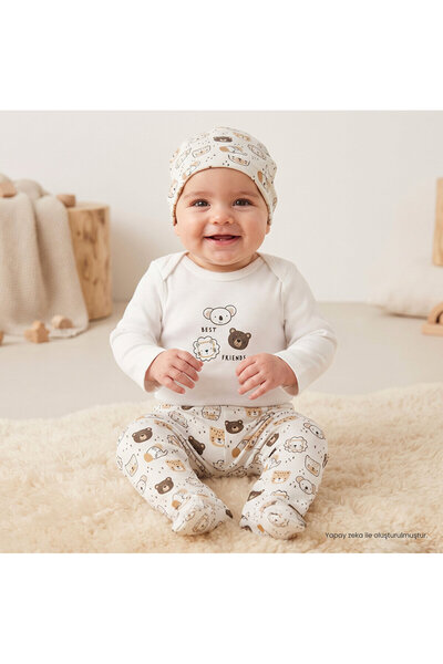 ebebek Hello Baby HelloBaby Erkek Bebek Body-Alt-Şapka Hayvan Baskılı Çıtçıtl...