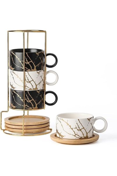 EXCEFORE 6oz Porcelain Espresso Cups with Metal Stand, 180ml Stackable Cerami...
