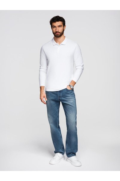 OMBRE Polo bărbătesc cu mânecă lungă, croială regulară, guler polo cu nasturi, bumbac pique, alb OM-POBL-0162