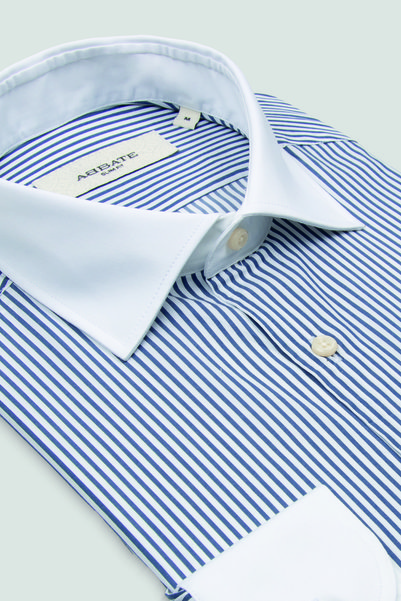 Abbate Gabrio Twill 100% Cotton Slim Fit Navy Blue Classic Collar Men's Strip...