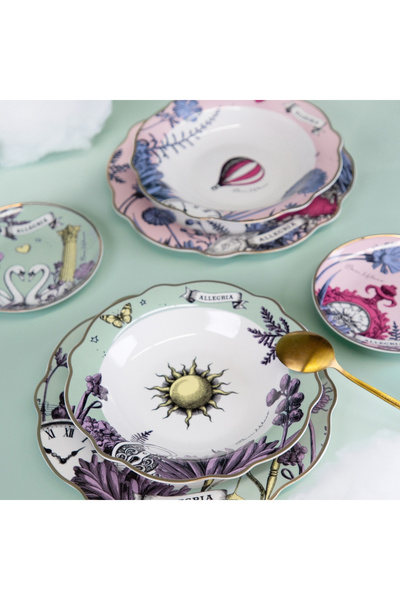 Baci Milano Allegria Pembe ve Yeşil Karışık Desenli 6 Parça Mix Porselen Çukur Tabağı 22 cm