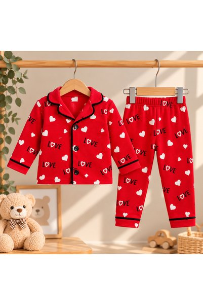 MOVAMIR BABY 100% Cotton Heart Patterned Long Sleeve Buttoned Girls' and Boys' Baby Pajama Set Bottom Top