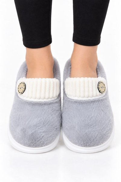 Jagulep Women's Warm Plush Button Detailed House Slippers Smoked