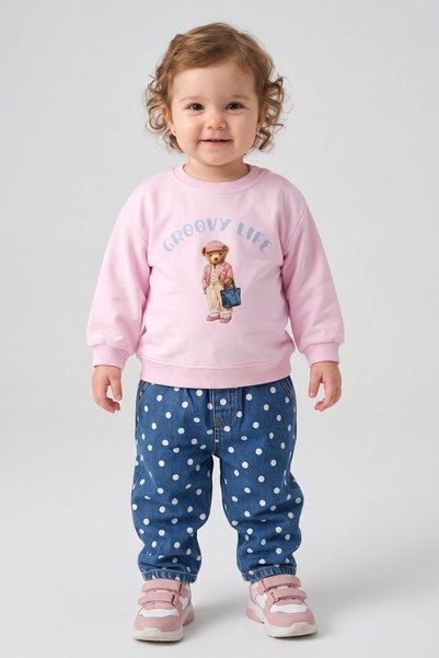 Dmb Kız Bebek Sevimli Ayıcık Baskılı Sweatshirt Puantiyeli Jean Kot Pantolon İkili Takım