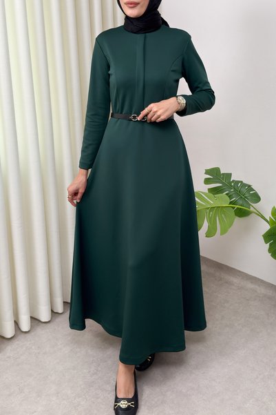 Salih Çelebi Rochie Scuba din imitație de piele cu curea 0045 - VERDE SMARAGD