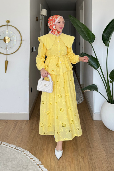 Moda Asrın Fisto Kumaş Astarlı Etek-Gömlek Tesettür Takım- Sarı