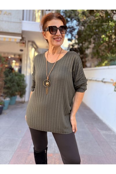 DenizEge Italian Knitted Corded Sweater Khaki