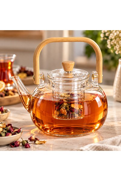 Ky home Bambu Saplı Cam Çaydanlık – Cam Süzgeçli Bitki ve Kış Çayı Demliği