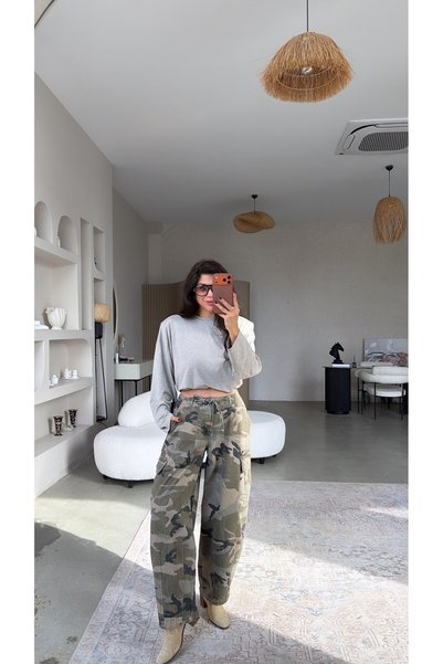 Buket Teke Yeşil Kamuflaj Desenli Denim Kargo Pantolon