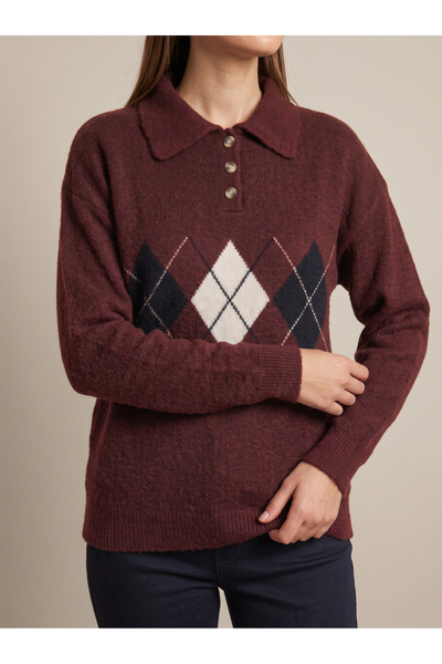 AURRARİ Pulover tricotat pentru femei, culoare burgundy, cu guler polo și model baklava