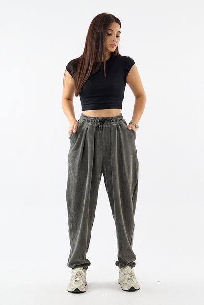 COCOPELLI Pantaloni de damă din catifea plisată, antracit, tip jogger COC3625