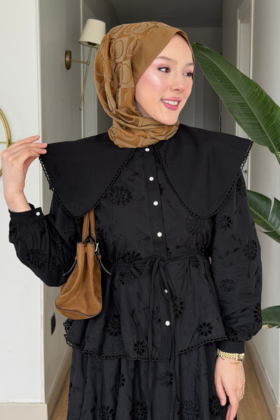 Moda Asrın Fisto Kumaş Astarlı Etek-Gömlek Tesettür Takım- Siyah