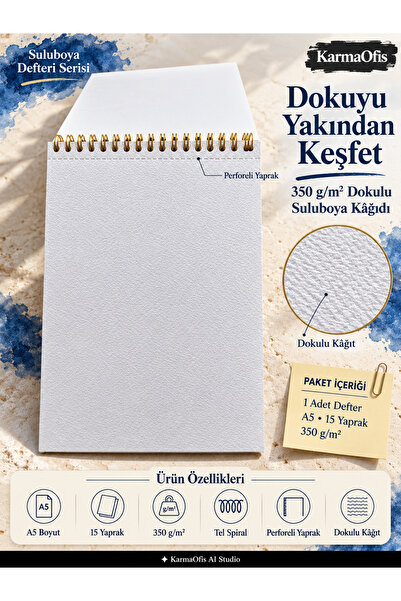 KarmaOfis A5 Suluboya Defteri 350 gr Dokulu Kâğıt Tel Spiralli Perforeli 15 Yaprak 2 Adet