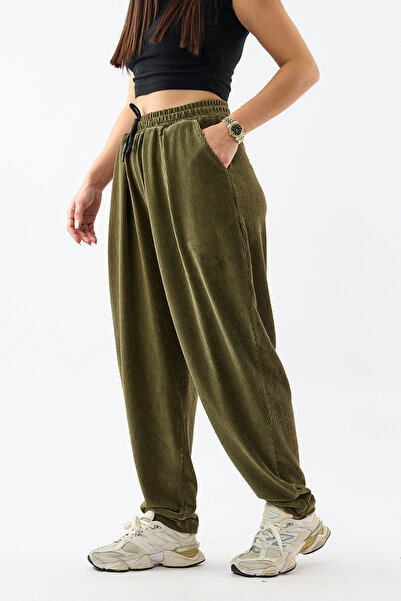COCOPELLI Pantaloni de damă din catifea plisată kaki COC3627