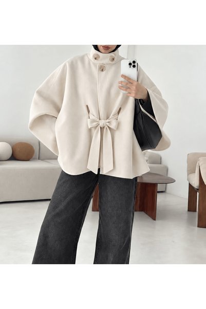 Hepsi Moda Hakim Collar Tie Poncho - 7325 - Cream (Es)