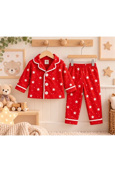 MOVAMIR BABY 100% Cotton Star Patterned Long Sleeve Buttoned Baby Girl and Boy Pajama Set