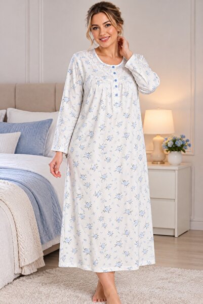 Alize Moda Long Sleeve, 100% Cotton, Floral, Plus Size Women's Nightgown