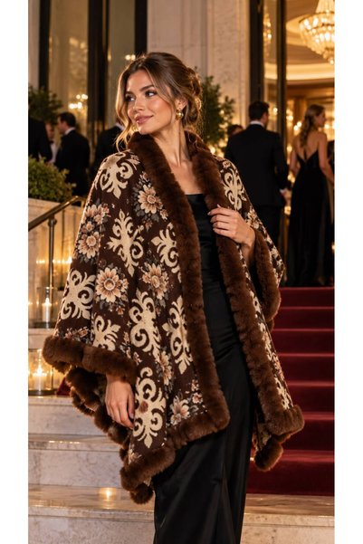MARBERRY Brown Premium Faux Fur Shawl Patterned Woven Women's Poncho