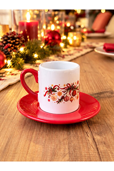 Hepsi Enteresan Red Handled Turkish Coffee Cup with New Year's Ornaments Patt...