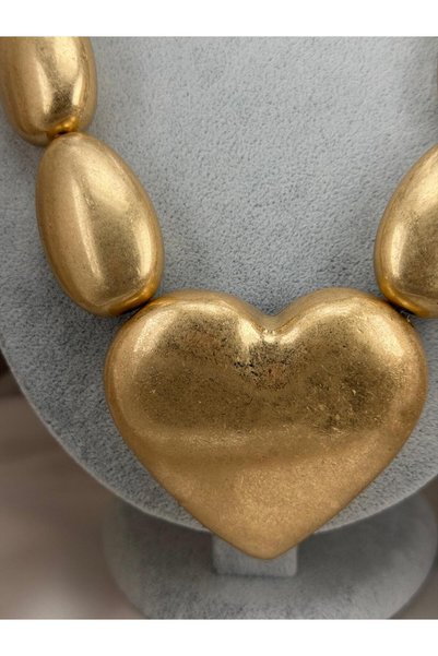 ZS Aksesuar Gold Color Big Heart Figured Chunky Oval Beaded Matte Textured Glamorous Women's Necklace