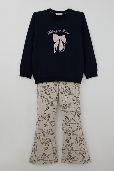 Breeze Girl's Tights Set with Bow Print, Spanish Style, 5-9 Years Old, Navy Blue