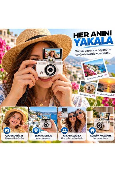 Asfal Mini Dijital Fotoğraf Makinesi 1080P Full HD Video Kamerası 180 Derece Döner Ekranlı Retro Tasarım Şarjlı Çocuk Kamerası