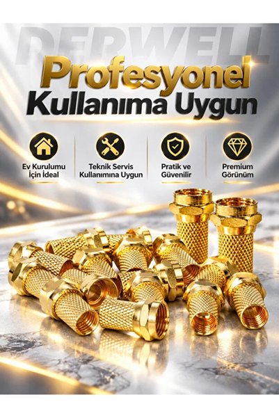 Derwell 100 Adet Altın Kaplama F Konnektör Seti - RG6 Vidalı Uydu Anten Kablo TV Fişi Yüksek İletkenlik Dayanıklı Metal Gövde Merkezi Sistem LNB Uyumlu Kesintisiz Sinyal Konnektörü