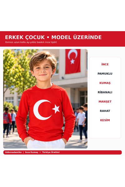 Kidsmadamiko Erkek Çocuk Türk Bayrağı Baskılı Uzun Kollu Kırmızı Tişört Ribanalı Manşet