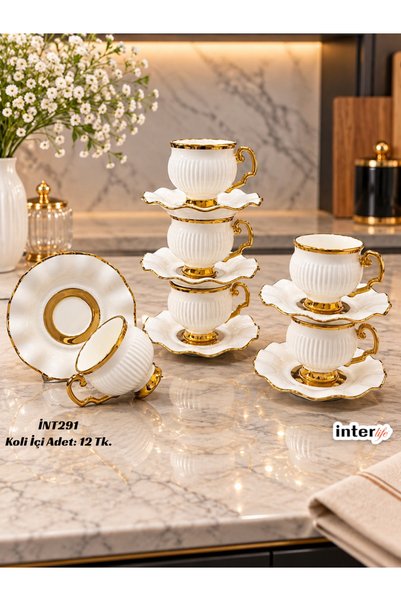 İnterlife 6 Kişilik Çizgili Türk Kahvesi Fincan Takımı Beyaz Gold Yaldızlı Fitilli Ayaklı