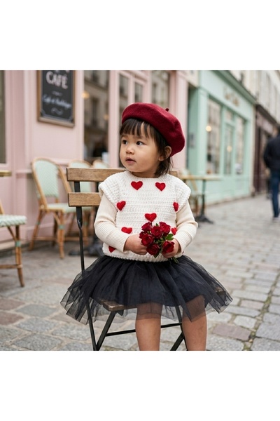MiniKnitBaby El Örgüsü Beyaz Kırmızı Kalpli Puffy Bebek Süveteri Kalın Peluş ...