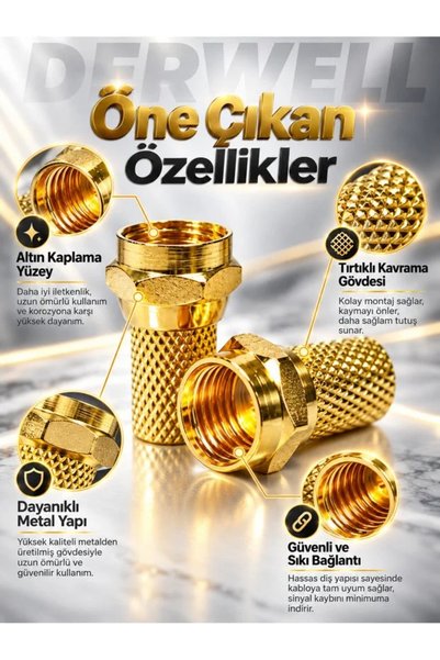 Derwell 100 Adet Altın Kaplama F Konnektör Seti - RG6 Vidalı Uydu Anten Kablo TV Fişi Yüksek İletkenlik Dayanıklı Metal Gövde Merkezi Sistem LNB Uyumlu Kesintisiz Sinyal Konnektörü