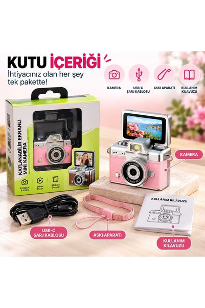 Asfal Mini Dijital Fotoğraf Makinesi 1080P Full HD Video Kamerası 180 Derece Döner Ekranlı Retro Tasarım Şarjlı Çocuk Kamerası