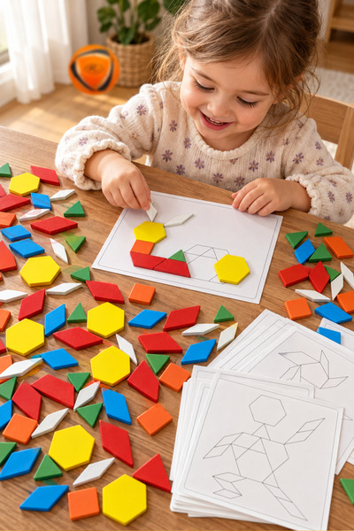 RCO Joc educativ Tangram din lemn, 125 piese si 10 planse fata-verso cu model...