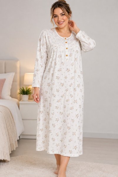 Alize Moda Long Sleeve, 100% Cotton, Floral, Plus Size Women's Nightgown