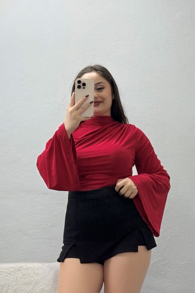 BELENDİR بلوزة نسائية ذات أكمام كيمونو من ساندي درابيلي باللون الأحمر