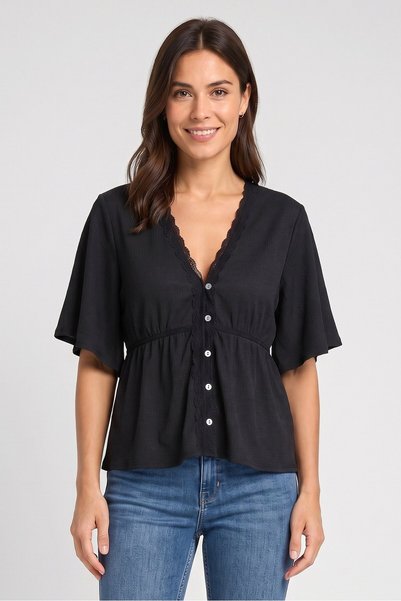 Brave Soul Women V Neck Short Sleeve Textured Blouse, Black
