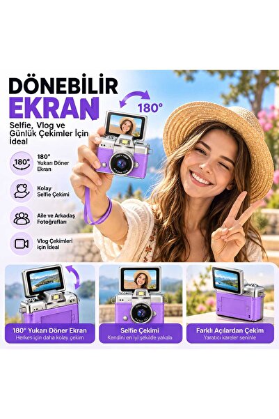 Asfal Mini Dijital Fotoğraf Makinesi 1080P Full HD Video Kamerası 180 Derece Döner Ekranlı Retro Tasarım Şarjlı Çocuk Kamerası
