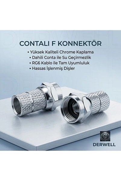 Derwell 100 Adet Contalı Premium F Konnektör TV Uydu Anten Kablosu ve Modem RG6 Sıkıştırmalı Vidalı Metal Konnektör Seti Yüksek Performanslı Kesintisiz Bağlantı Televizyon Hat Birleştirici Soket Fiş