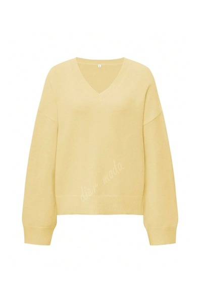 TUMA Women's Butter Yellow V-Neck Oversize Knitwear Sweater, Knitwear Sweater