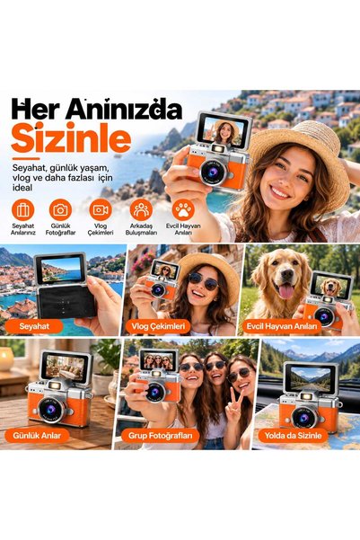 Asfal Mini Dijital Fotoğraf Makinesi 1080P Full HD Video Kamerası 180 Derece Döner Ekranlı Retro Tasarım Şarjlı Çocuk Kamerası