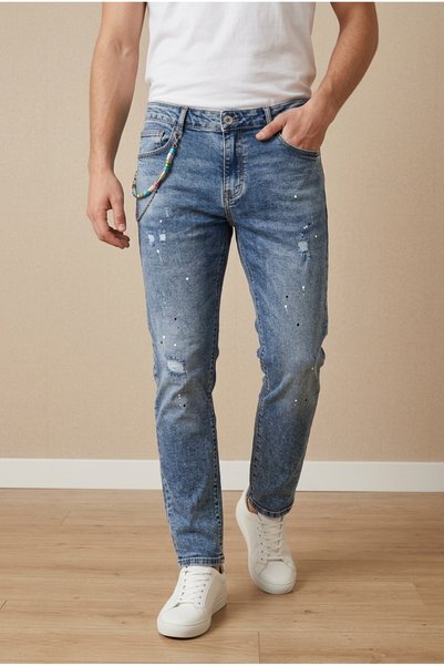 OEM Blugi barbati casual regular fit prespalati cu stropi de vopsea lant deco...
