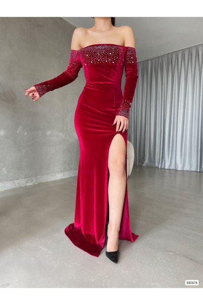 MODA ŞEHRİ فستان سهرة نسائي طويل من المخمل بتصميم مادونا/ياقة قاربية مطرزة با...