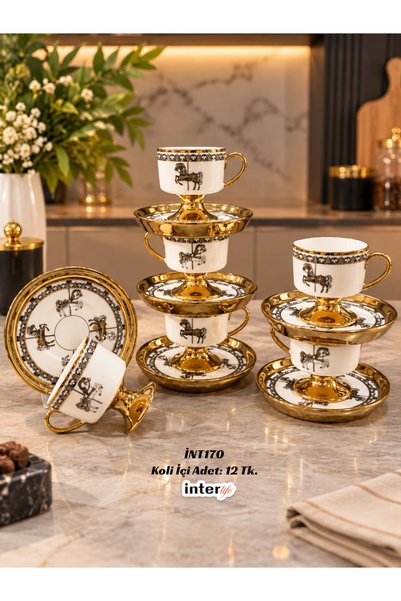 İnterlife 6 Kişilik Türk Kahvesi Fincan Takımı At Desenli Gold Yaldızlı Ayakl...