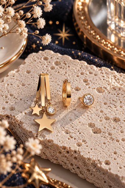 Sylvera Shop Hanging Star Charm 3-Piece Combination Steel Earring Set (Gold C...
